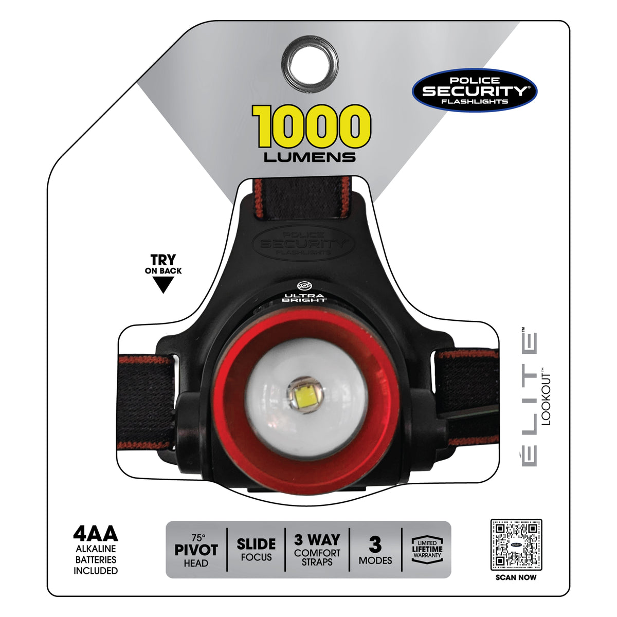 Torcia Frontale Police Security Lookout 1000 Lumen – Super Potente Con 4 Batterie AA – Per Lavoro, Campeggio E Emergenze