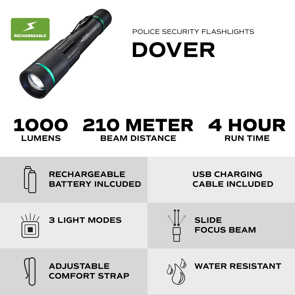 DOVER 1000 LUMEN RECHARGEABLE FLASHLIGHT