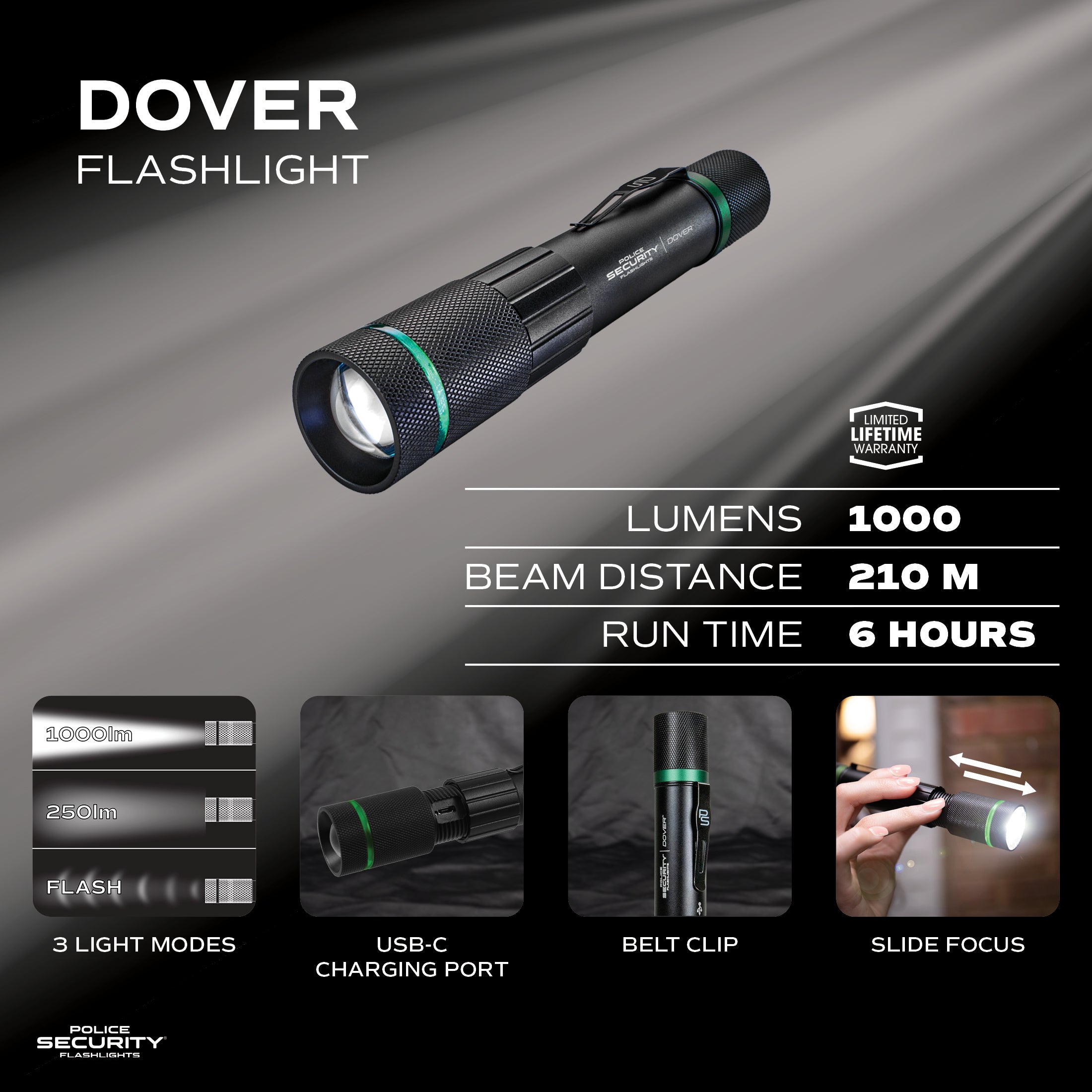 DOVER 1000 LUMEN RECHARGEABLE FLASHLIGHT
