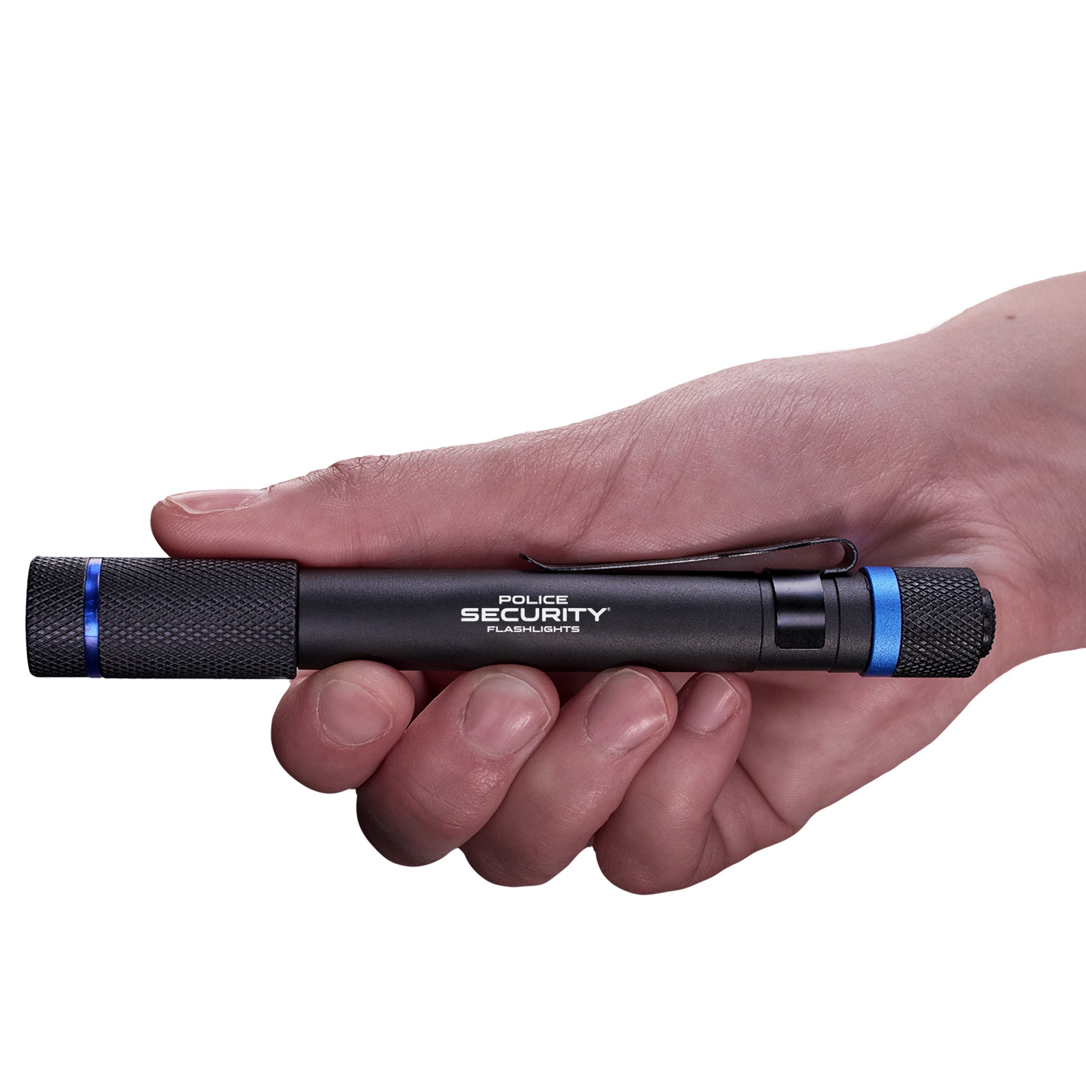 An image of a hand holding the AURA BLACK penlight from Police Security Flashlights