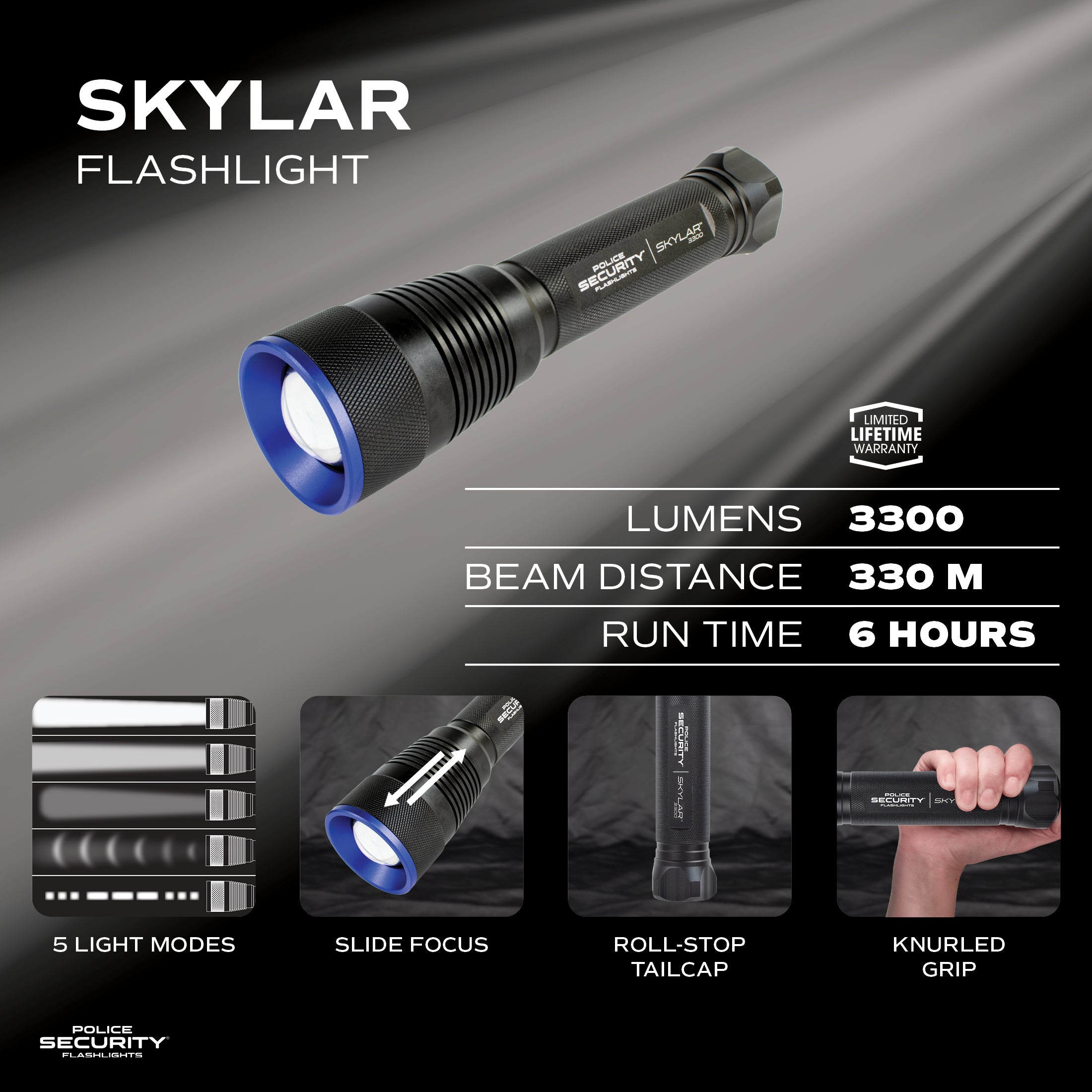 Skylar flashlight with specifications on a dark background