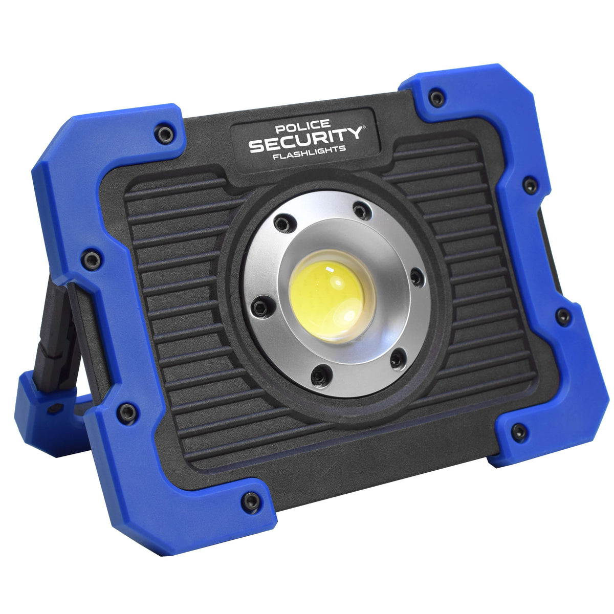 A rugged police security LED flashlight with a blue and black protective casing, featuring a central silver ring and a glowing yellow LED lens, shown on a white background.