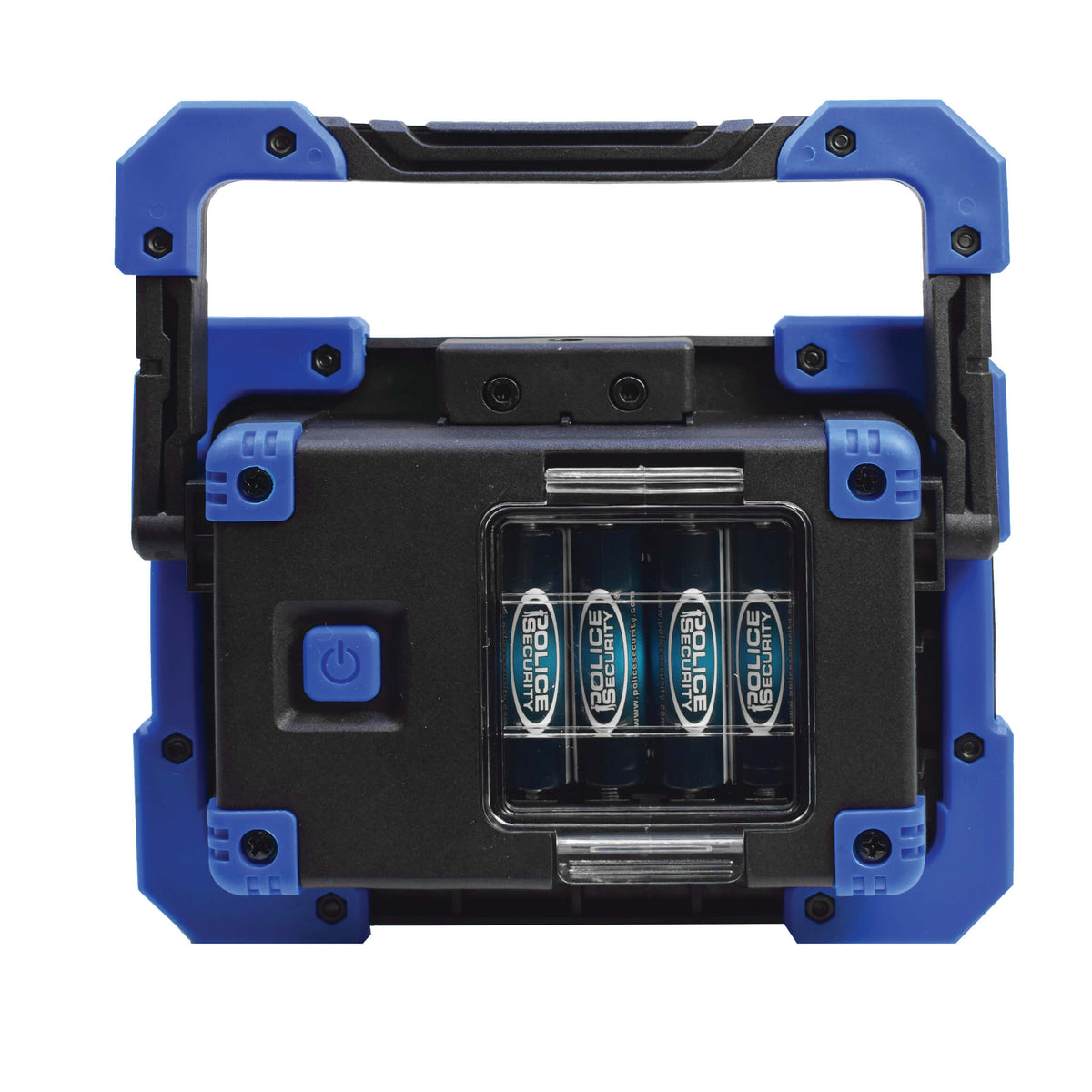 A rugged portable work light with a blue and black protective casing, featuring a handle on top, a power button on the front, and a clear battery compartment showing four AA batteries inside.
