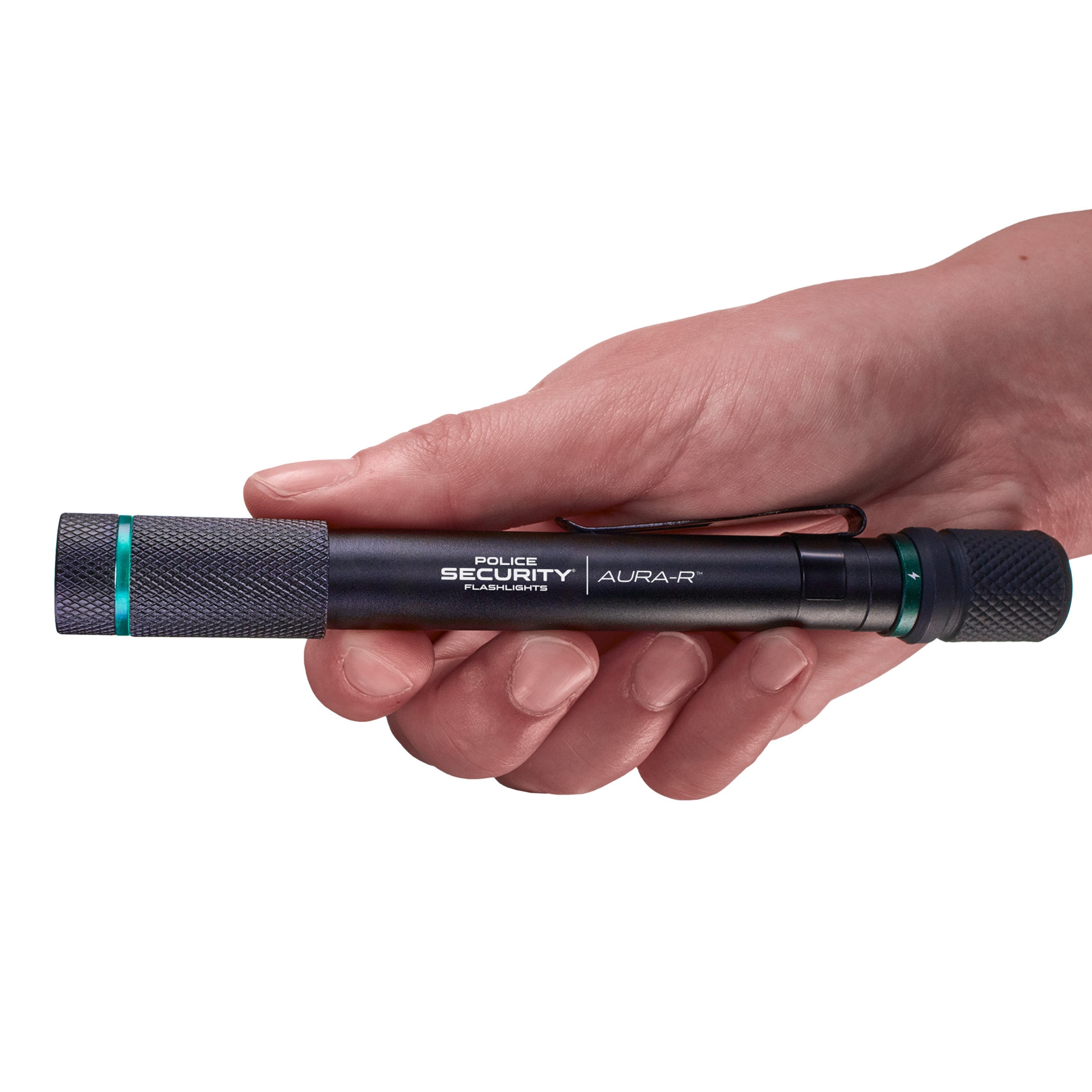 an image of a hand holding the AURA-R 360 LUMEN RECHARGEABLE PENLIGHT