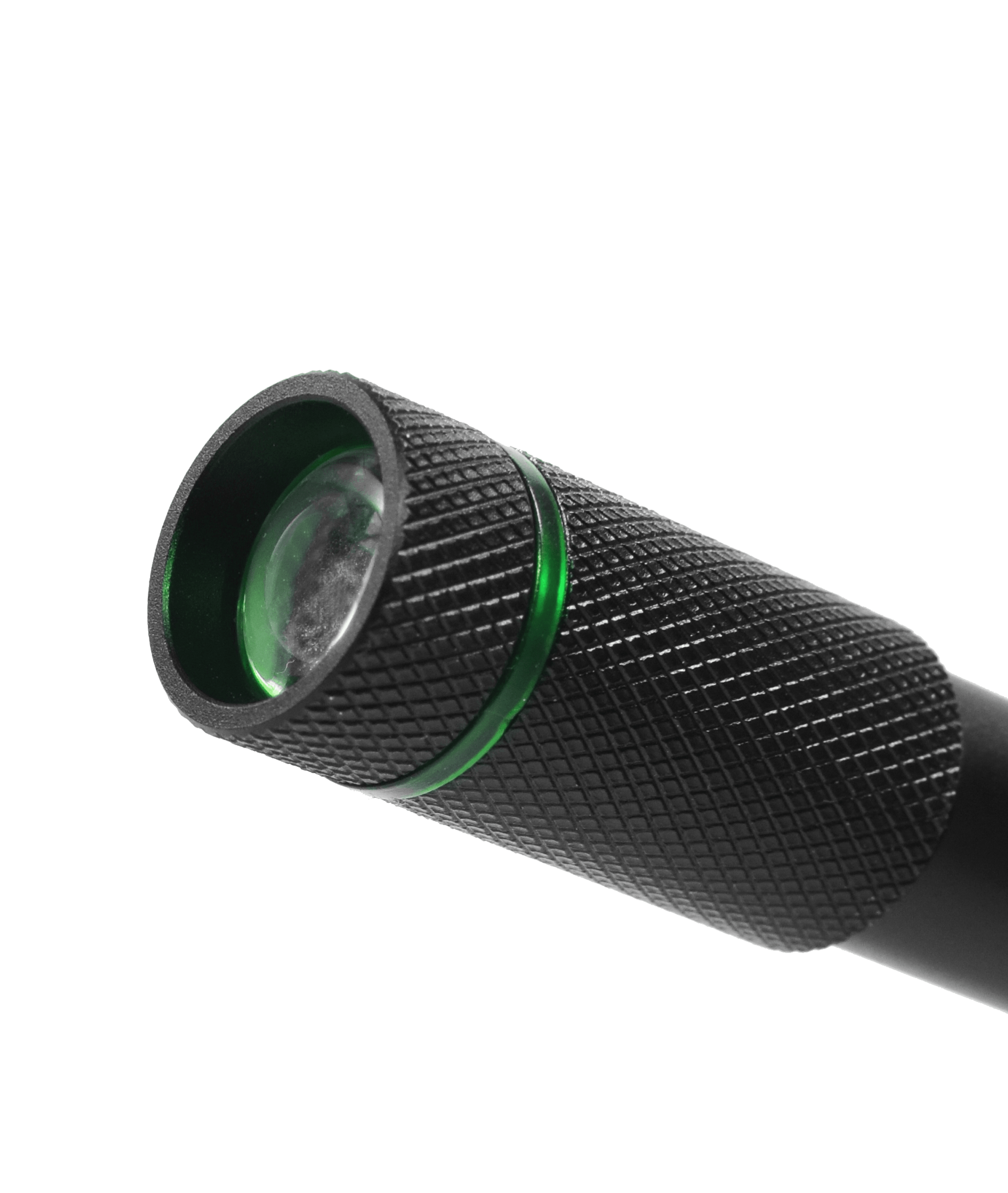 Close-up of a black Aura-RS rechargeable flashlight with a green accent ring and green-tinted lens edge, on a white background.