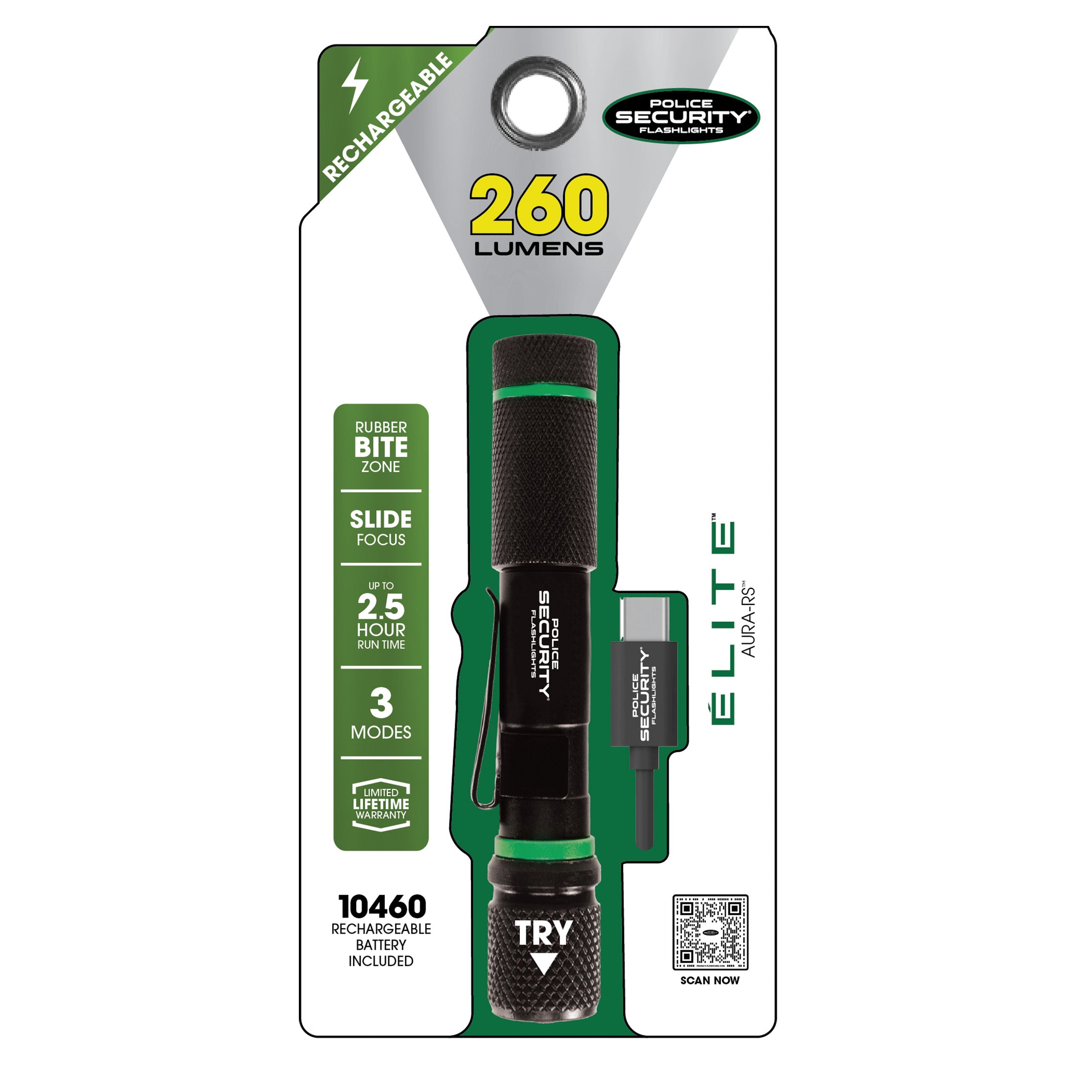 An image of the AURA-RS 260 Lumen Rechargeable Penlight in its packaging