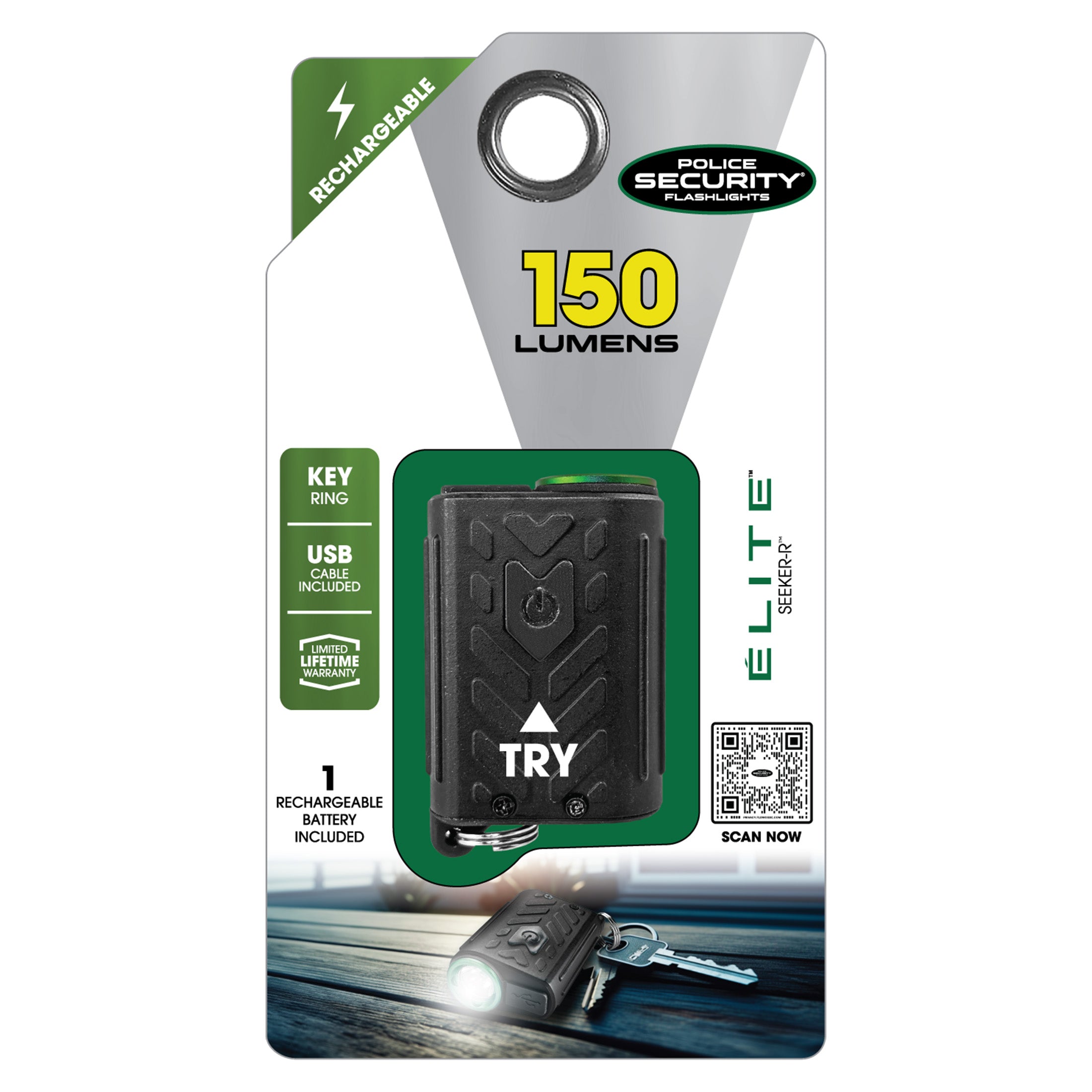 an image of the SEEKER Rechargeable Keychain Light in its package