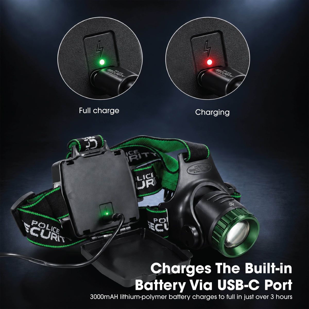 The Police Security Blackout-R rechargeable headlamp plugged in to charge with additional images showing its charging indicator lights