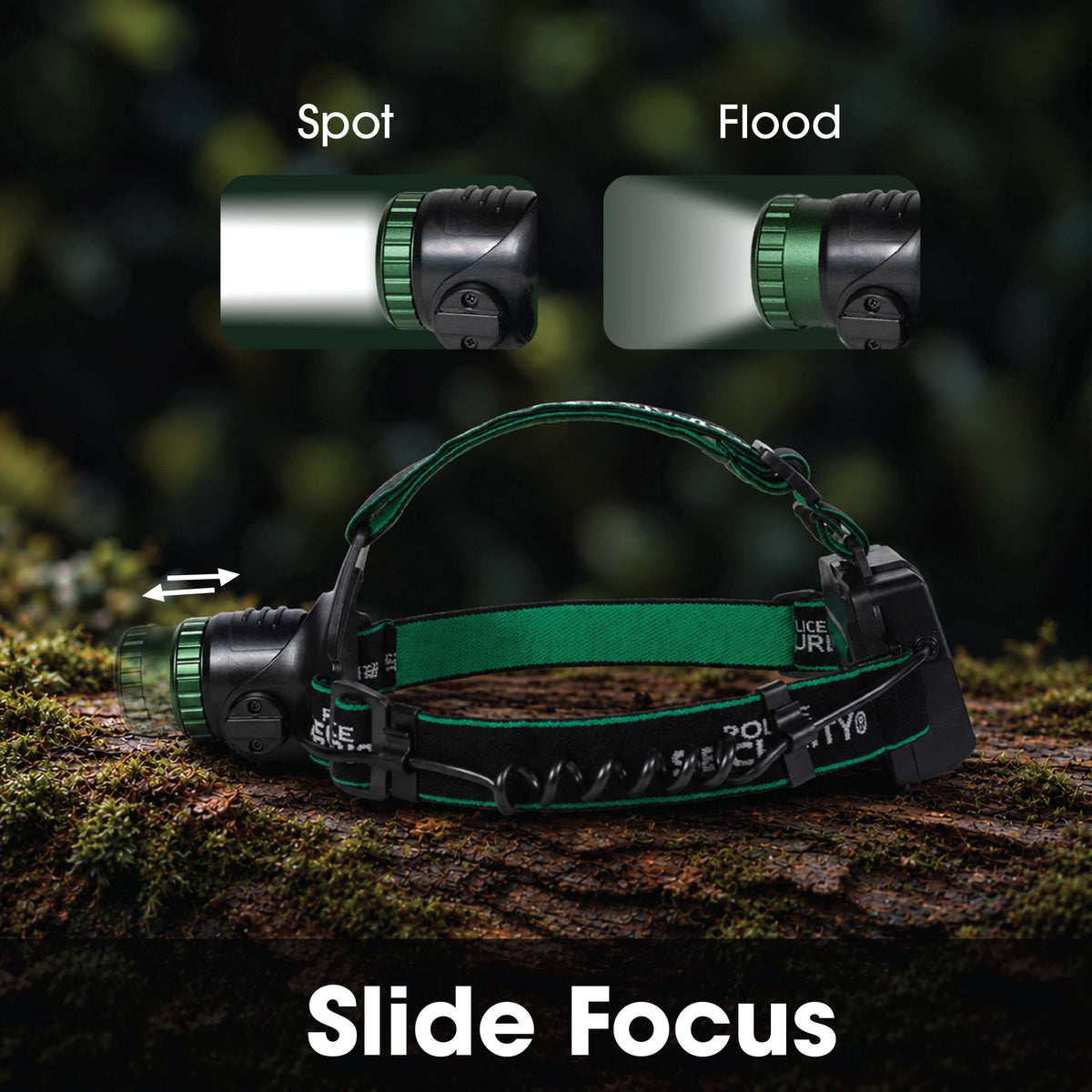 The Police Security Blackout-R rechargeable headlamp on a log with images showing its spot and flood beam patterns