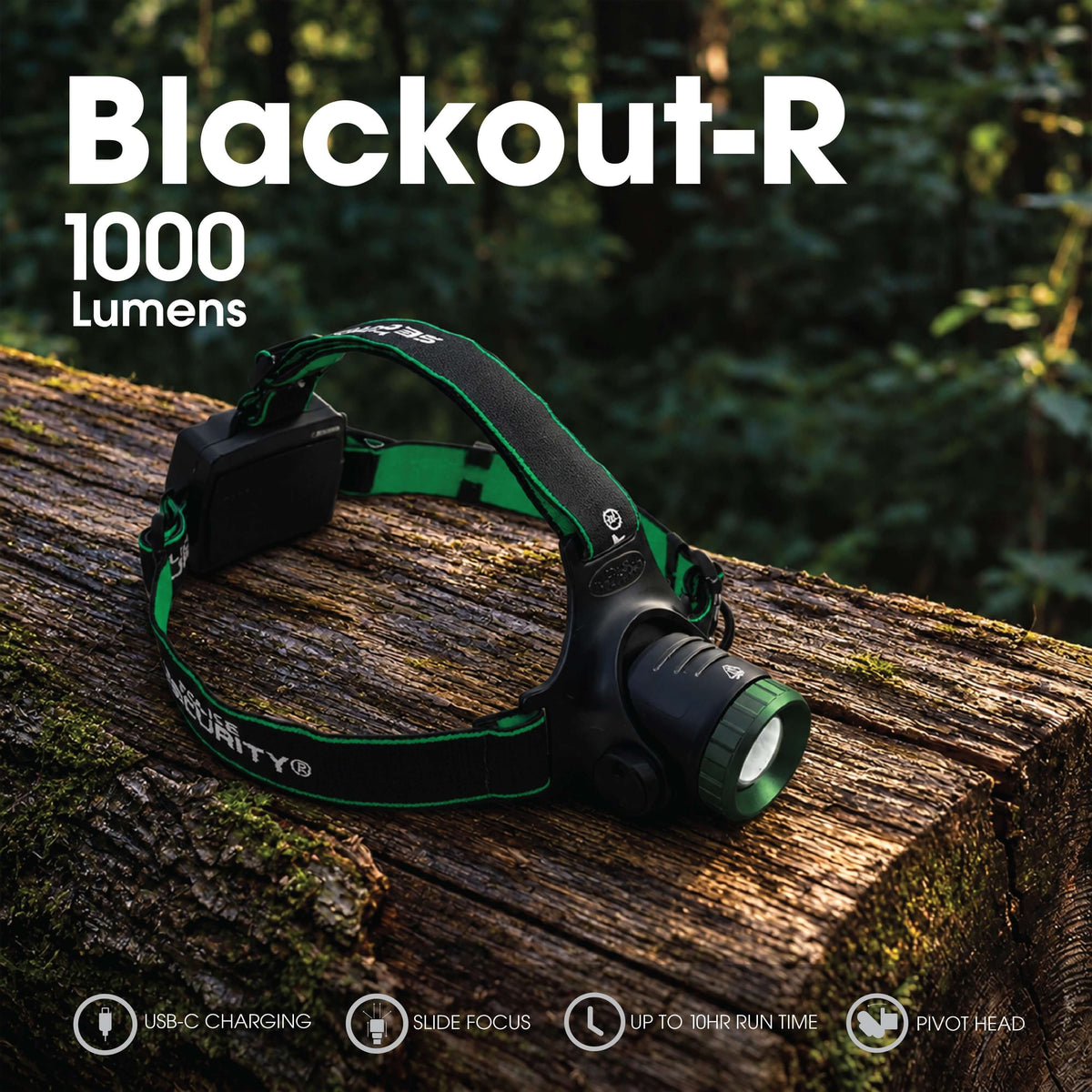 The Police Security Blackout-R rechargeable headlamp on a log in the woods with text discussing its details