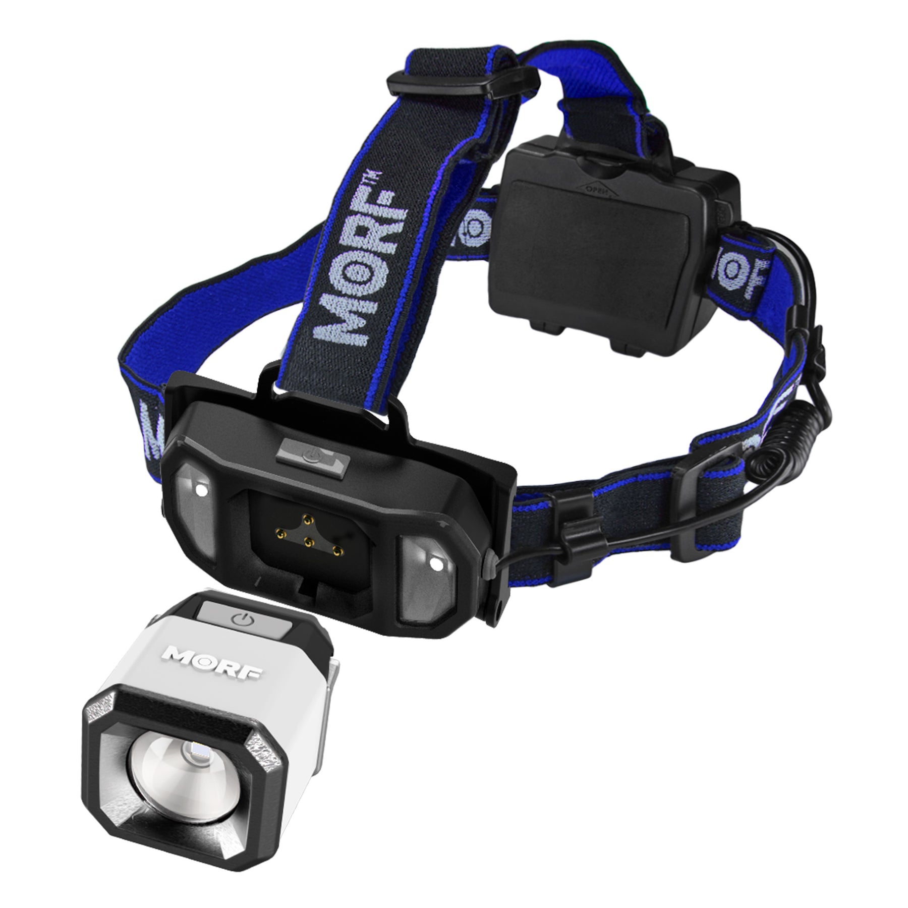 an image of the blue and black MORF headlamp showcasing the removable light