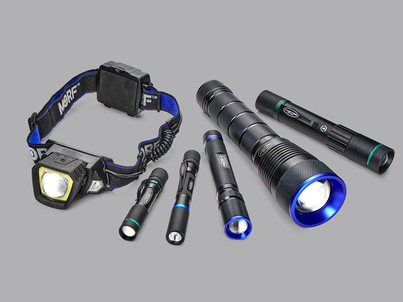 an image of five flashlights and a headlamp