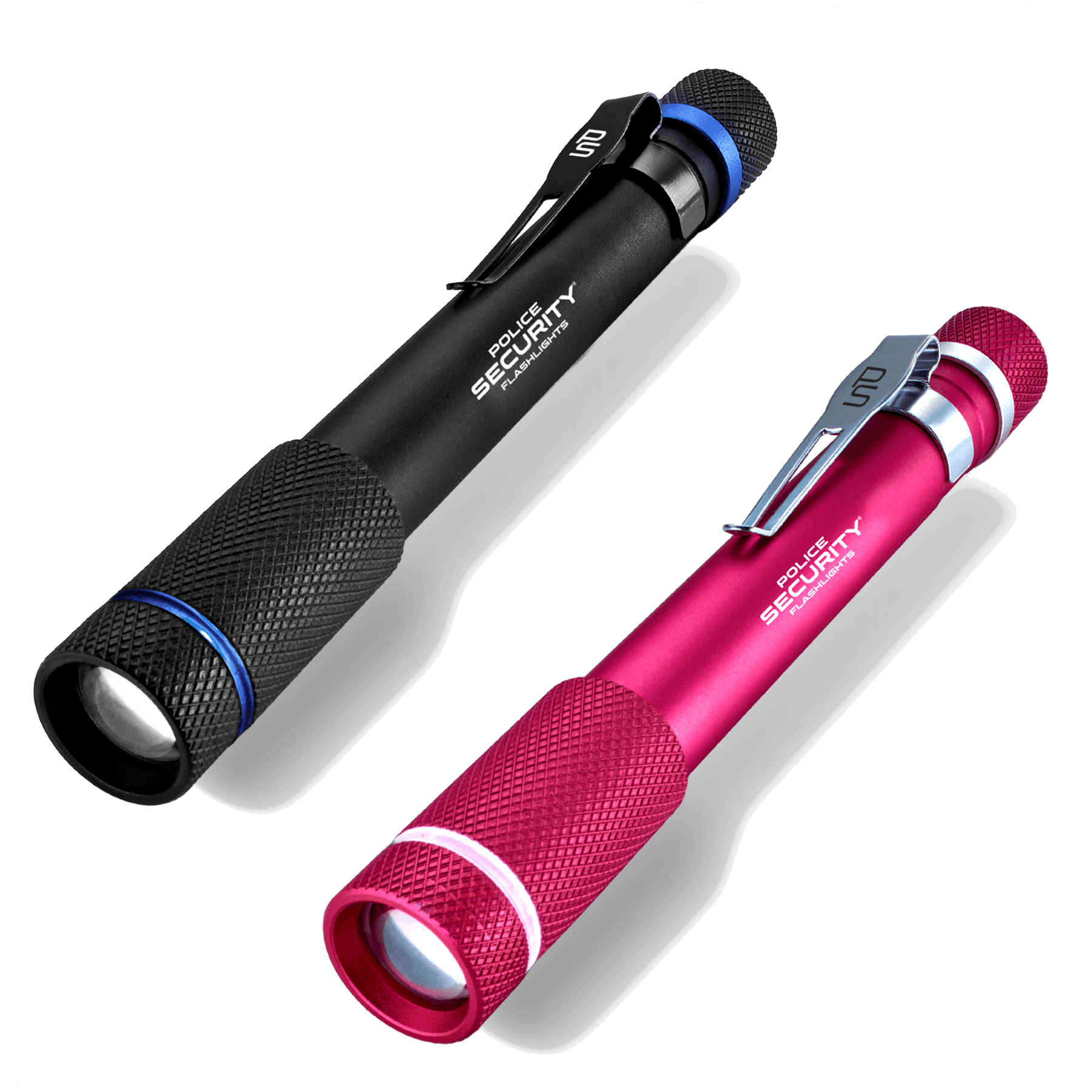 Two pen-style flashlight tools on a clean white background: one black with blue accents and one metallic pink with silver accents. Both have pocket clips, textured grips, and visible branding text.