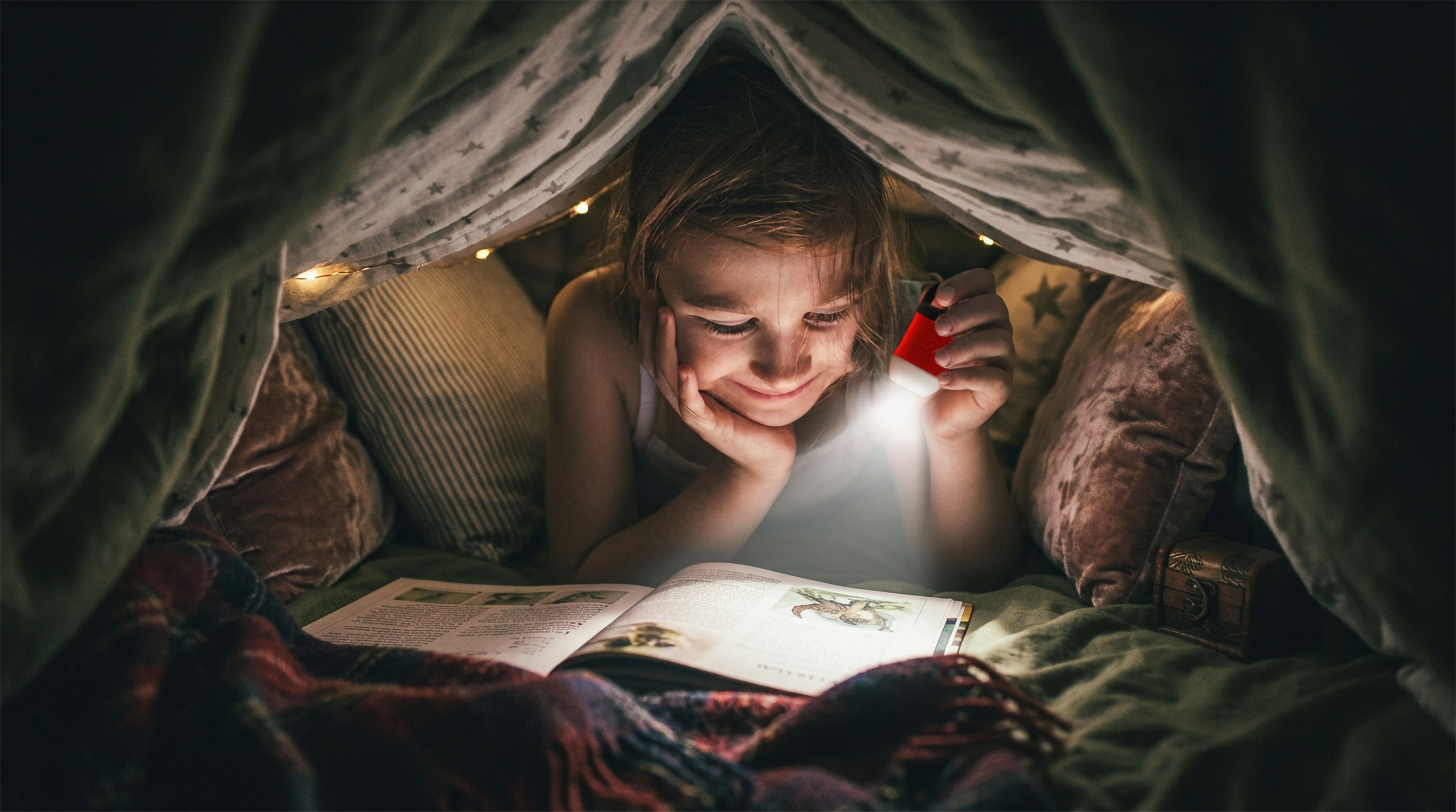 Child reading a book under a blanket fort lit by Squeeze Light