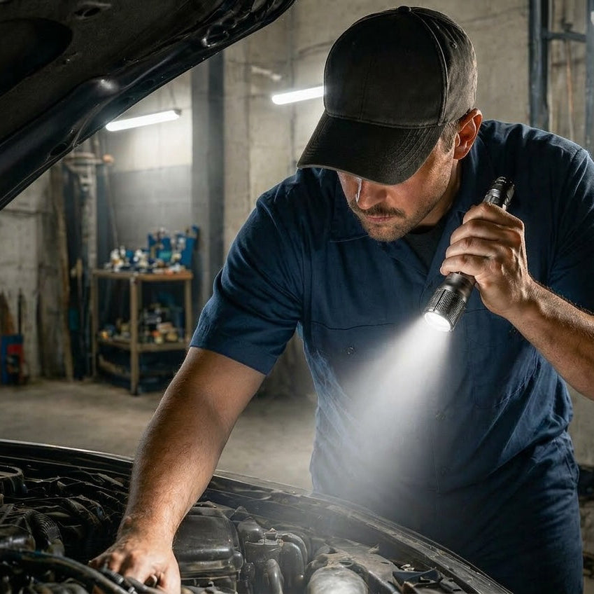 Man using a Zephyr-R flashlight to inspect a car engine in a garage.