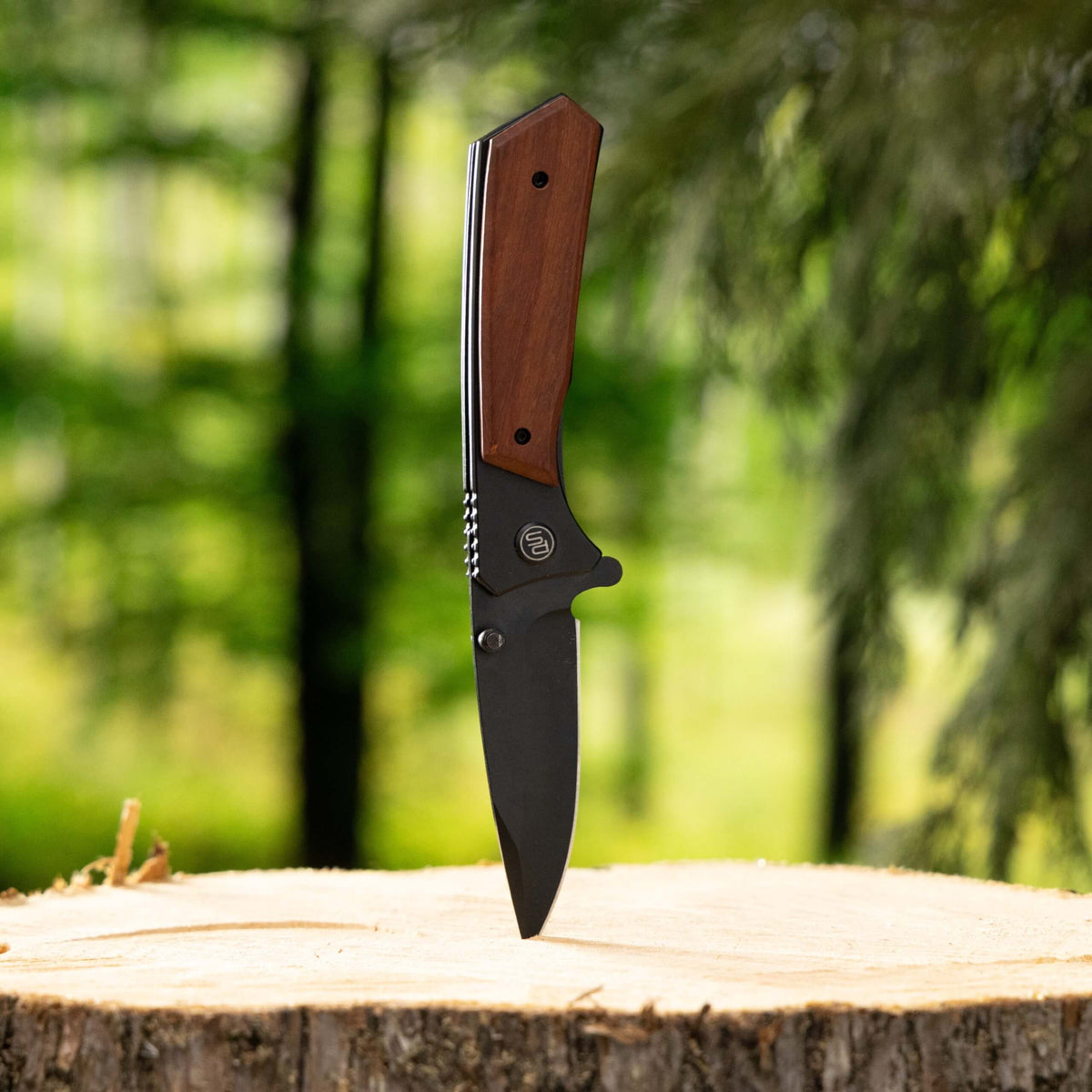 The Ridgeline pocket knife standing up, stabbed into a tree stump