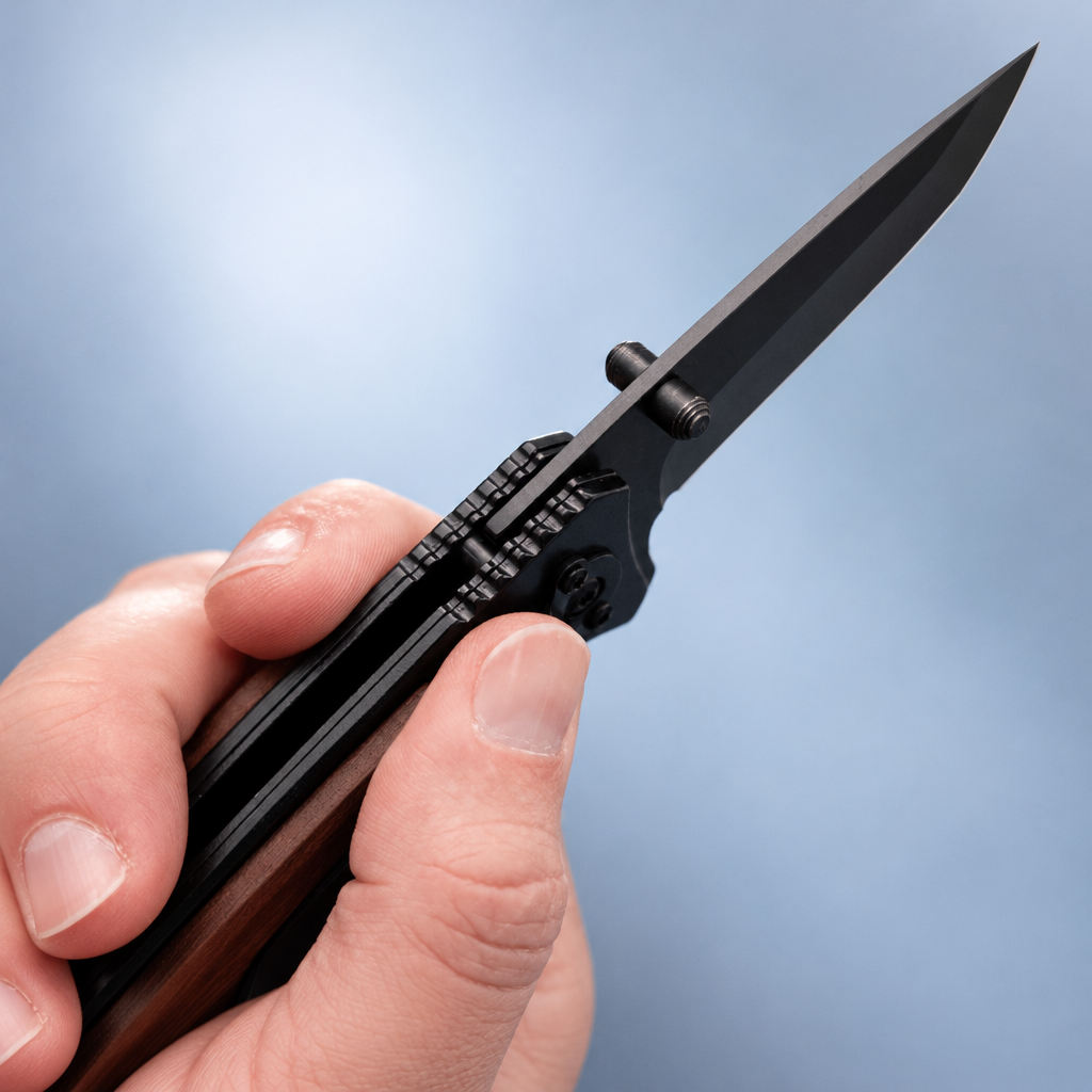 The Ridgeline pocket knife held in hand with the back ridges facing the camera