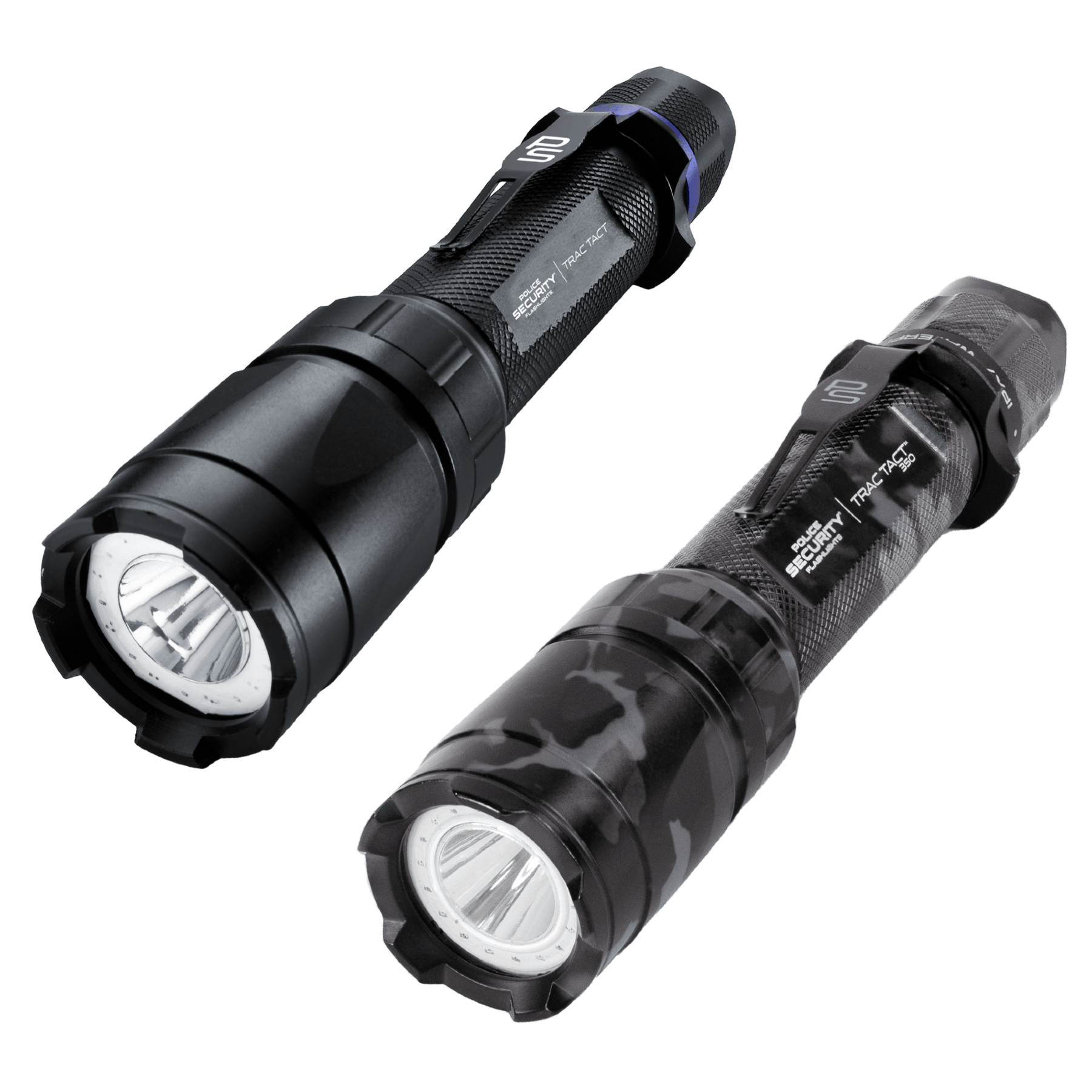 Two tactical LED flashlights on a plain white background. One flashlight is matte black with a blue accent ring near the switch, and the other is black with a dark gray camouflage pattern.
