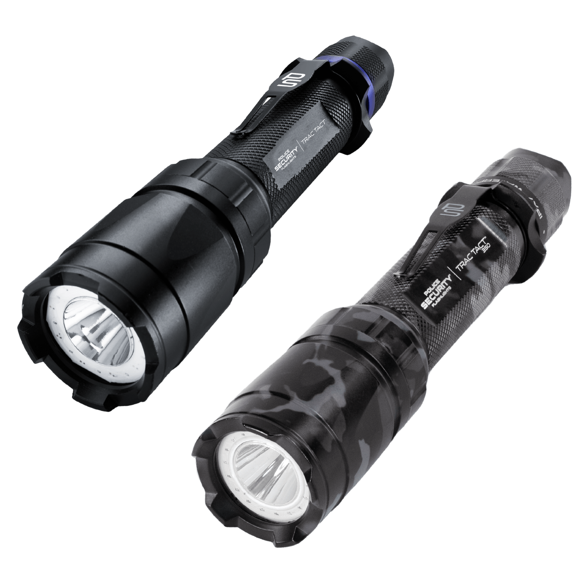 Two tactical LED flashlights on a plain white background. One flashlight is matte black with a blue accent ring near the switch, and the other is black with a dark gray camouflage pattern.