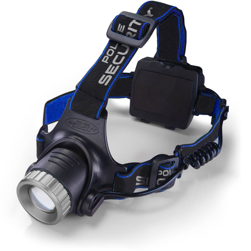 A hero image of the black and blue police security BLACKOUT 615 LUMEN HEADLAMP