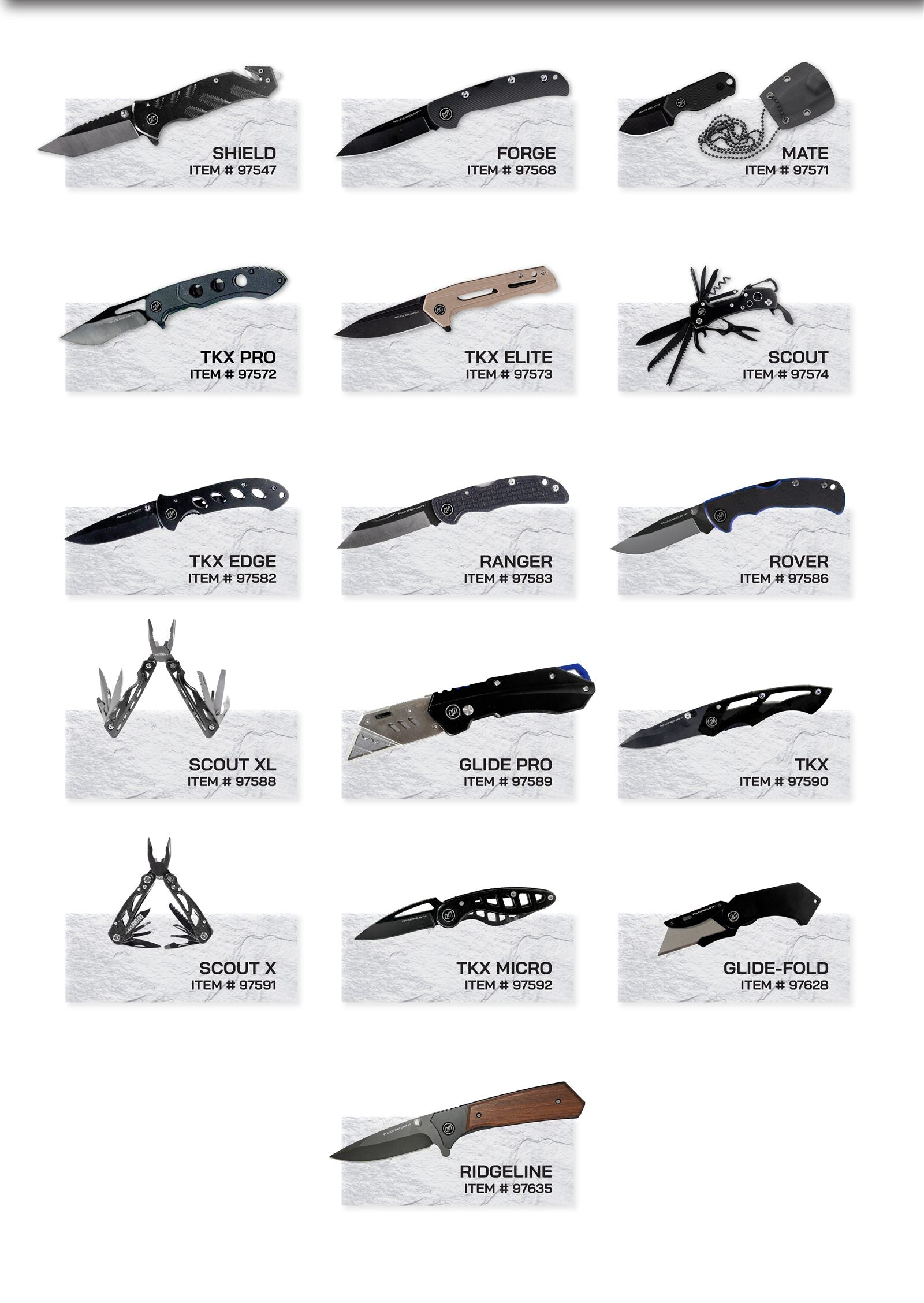 Preview of the Police Security Knives Fall 2026 lineup: Shield #97547, Forge #97568, Mate #97571, TKX Pro #97572, TKX Elite #97573, Scout #97574, TKX Edge #97582, Ranger #97583, Rover #97586, Scout XL #97588, Glide Pro #97589, TKX #97590, Scout X #97591, TKX Micro #97592, Glide-Fold #97628, and Ridgeline #97635.